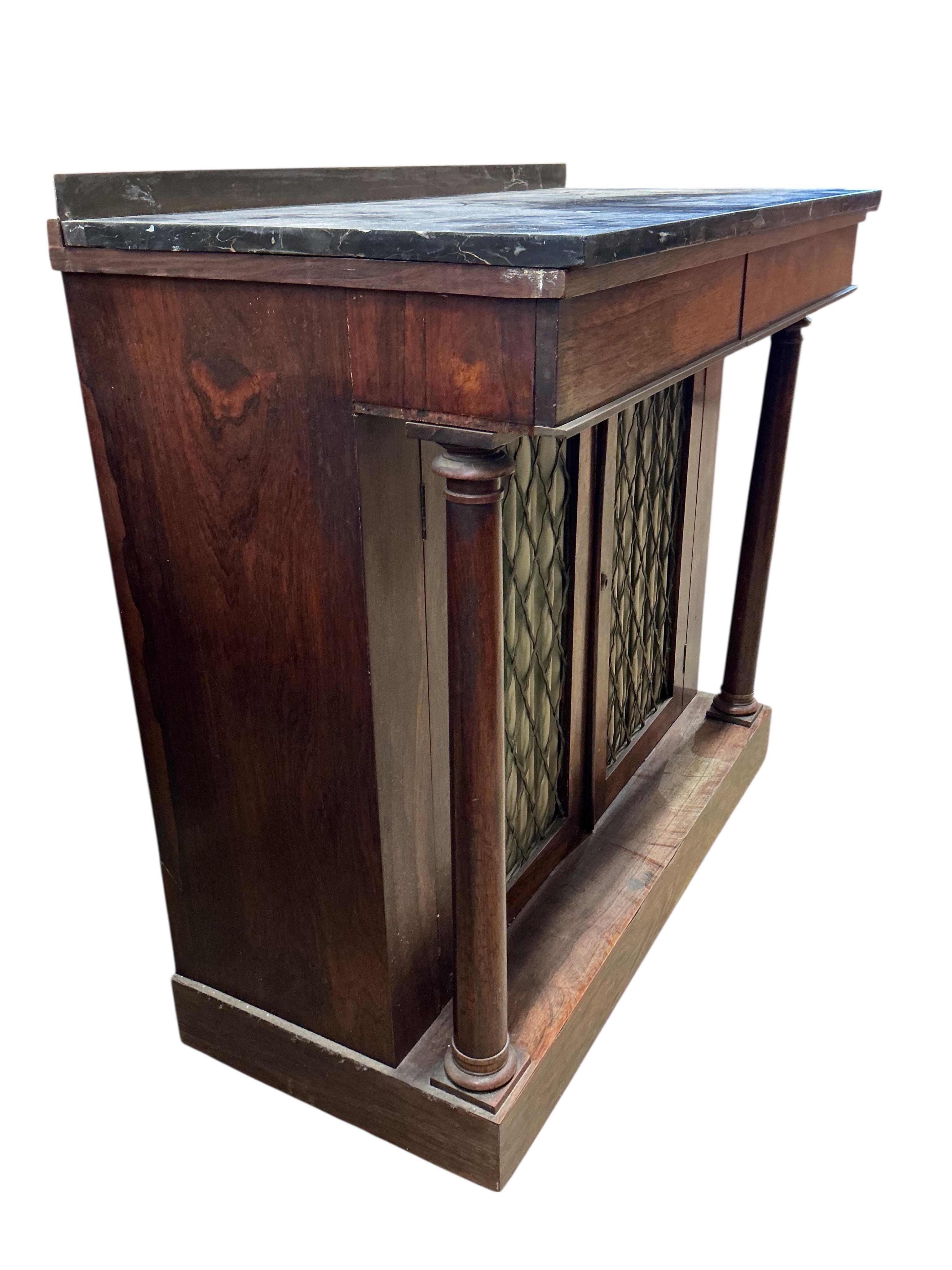 A Regency mahogany marble topped chiffonier, width 99cm, depth 48cm, height 94cm